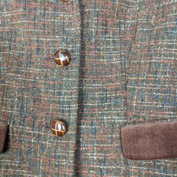 Vintage Wool Blend Brown Tweed Suede Blazer Jacket - Picture 7 of 7
